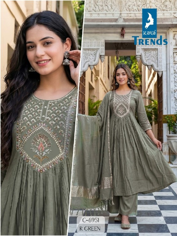 KAYA D.NO 6951 WHOLESALE READYMADE MULL CHANDERI FANCY WORK A LINE GHERA STYLE 3 PCS COMBO SET SUITS EXPORTER