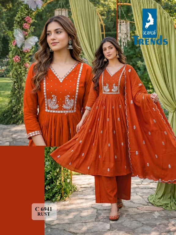 KAYA D.NO 6941 WHOLESALE READYMADE CORAL FANCY WORK ALINE GHERA STYLE 3 PCS COMBO SET SUITS EXPORTER