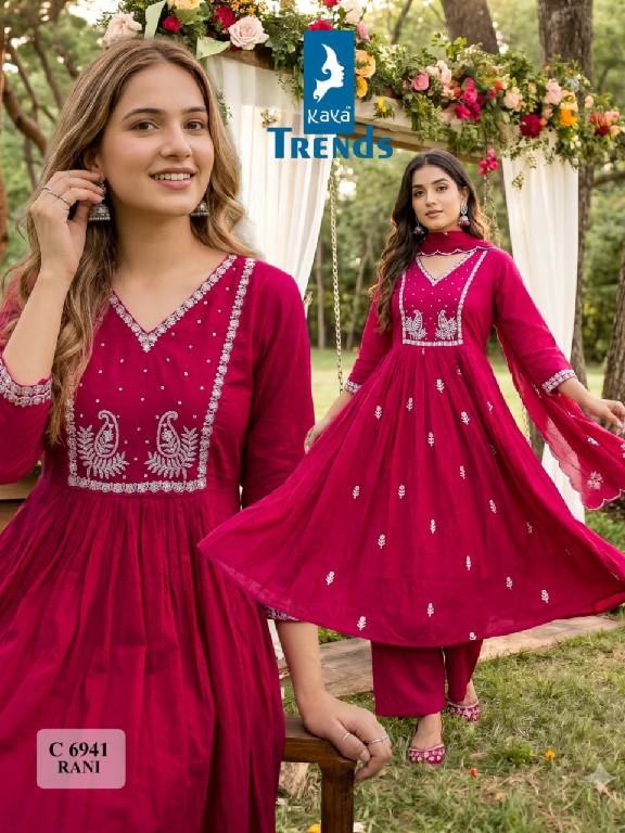 KAYA D.NO 6941 WHOLESALE READYMADE CORAL FANCY WORK ALINE GHERA STYLE 3 PCS COMBO SET SUITS EXPORTER