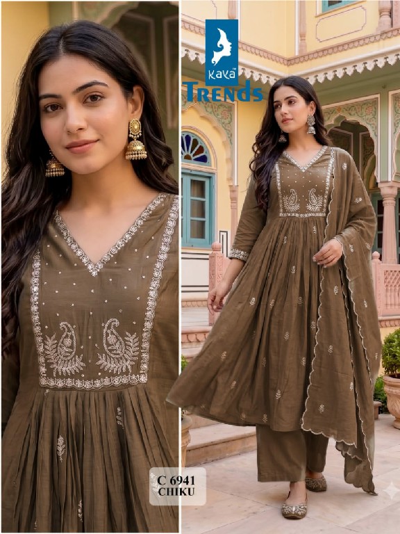 KAYA D.NO 6941 WHOLESALE READYMADE CORAL FANCY WORK ALINE GHERA STYLE 3 PCS COMBO SET SUITS EXPORTER