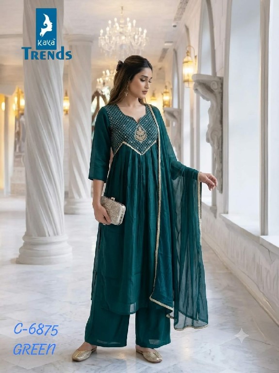KAYA D.NO 6875 WHOLESALE READYMADE MULL CHANDERI HAND WORK A LINE STYLE 3 PCS COMBO SET SUITS FOR EXPORT