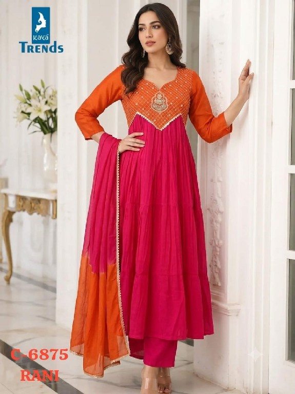KAYA D.NO 6875 WHOLESALE READYMADE MULL CHANDERI HAND WORK A LINE STYLE 3 PCS COMBO SET SUITS FOR EXPORT