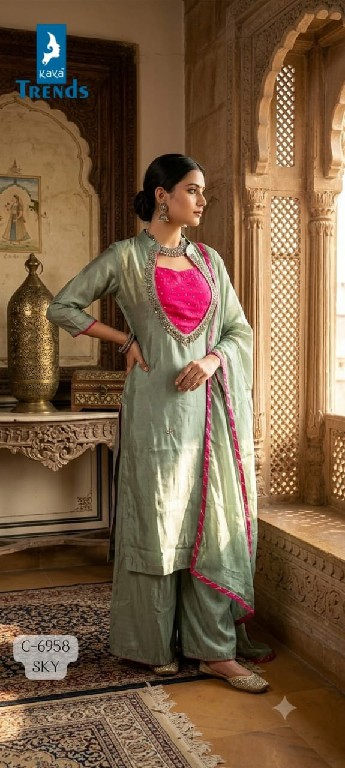 KAYA D.NO 6958 WHOLESALE READYMADE TISSUE SHIMMER BEAUTIFUL 3 PCS COMBO SET SUITS EXPORTER