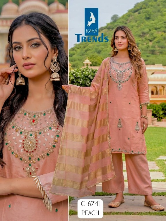 KAYA D.NO 6741 WHOLESALE READYMADE PURE TISSUE HAND WORK BIG SIZE PLAZZO STYLE 3 PCS COMBO SET SUITS EXPORTER