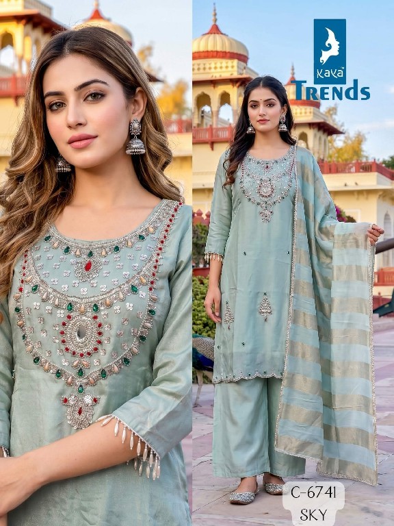 KAYA D.NO 6741 WHOLESALE READYMADE PURE TISSUE HAND WORK BIG SIZE PLAZZO STYLE 3 PCS COMBO SET SUITS EXPORTER