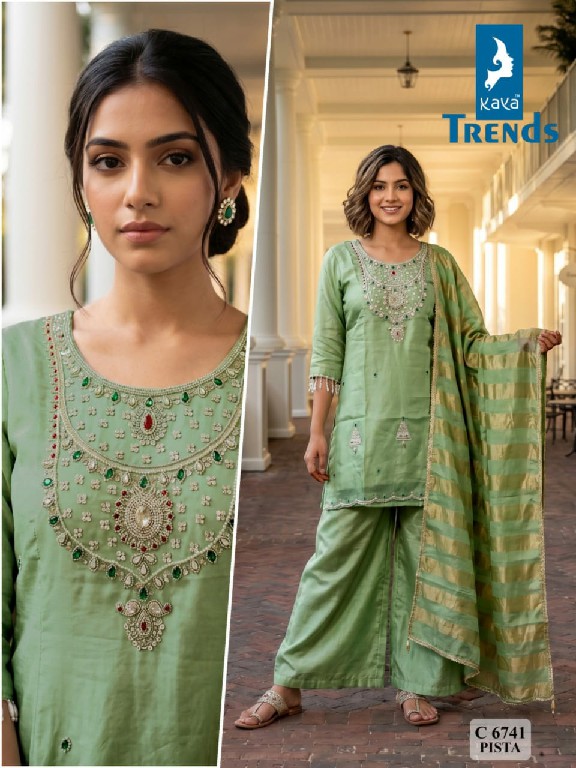 KAYA D.NO 6741 WHOLESALE READYMADE PURE TISSUE HAND WORK BIG SIZE PLAZZO STYLE 3 PCS COMBO SET SUITS EXPORTER