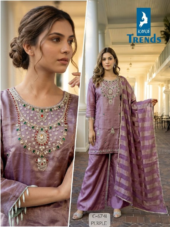 KAYA D.NO 6741 WHOLESALE READYMADE PURE TISSUE HAND WORK BIG SIZE PLAZZO STYLE 3 PCS COMBO SET SUITS EXPORTER