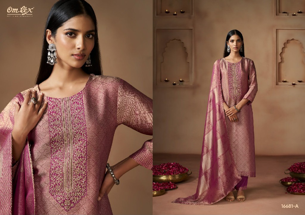 OMTEX NAYIKA WHOLESALE GIRAFFE SILK JACQUARD WITH WORK UNSTITCH SALWAR SUITS FOR EXPORT