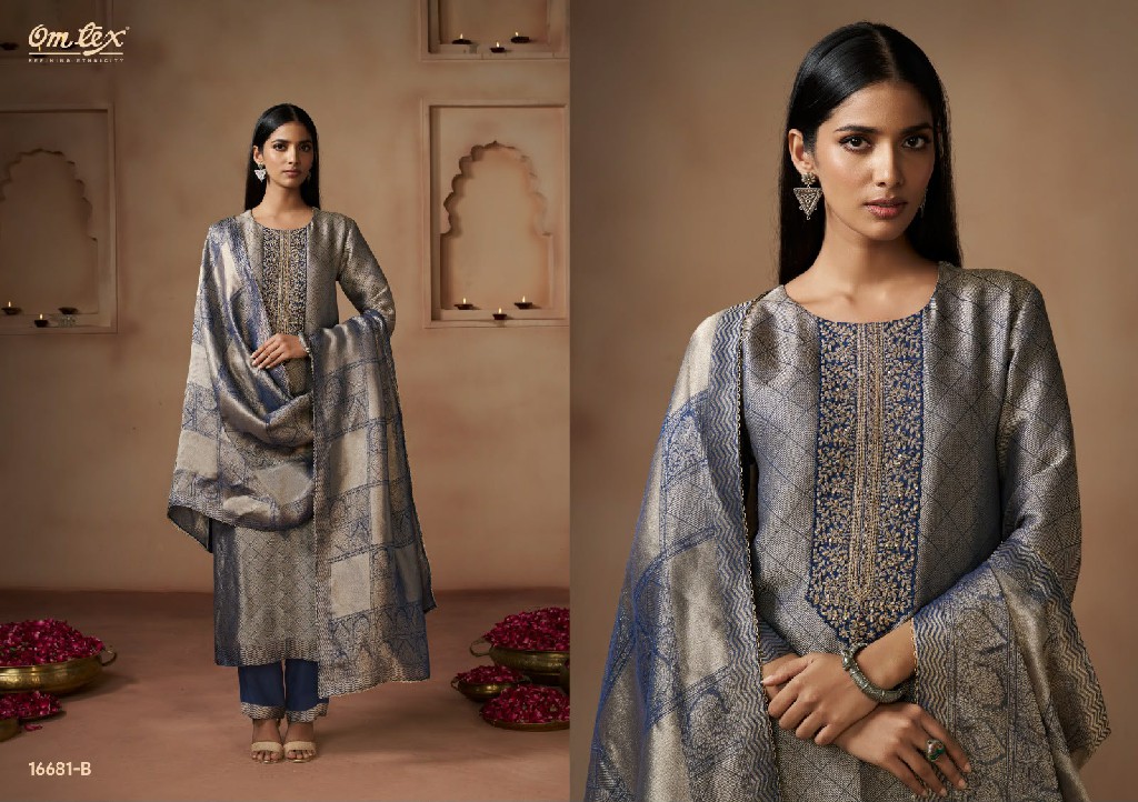 OMTEX NAYIKA WHOLESALE GIRAFFE SILK JACQUARD WITH WORK UNSTITCH SALWAR SUITS FOR EXPORT