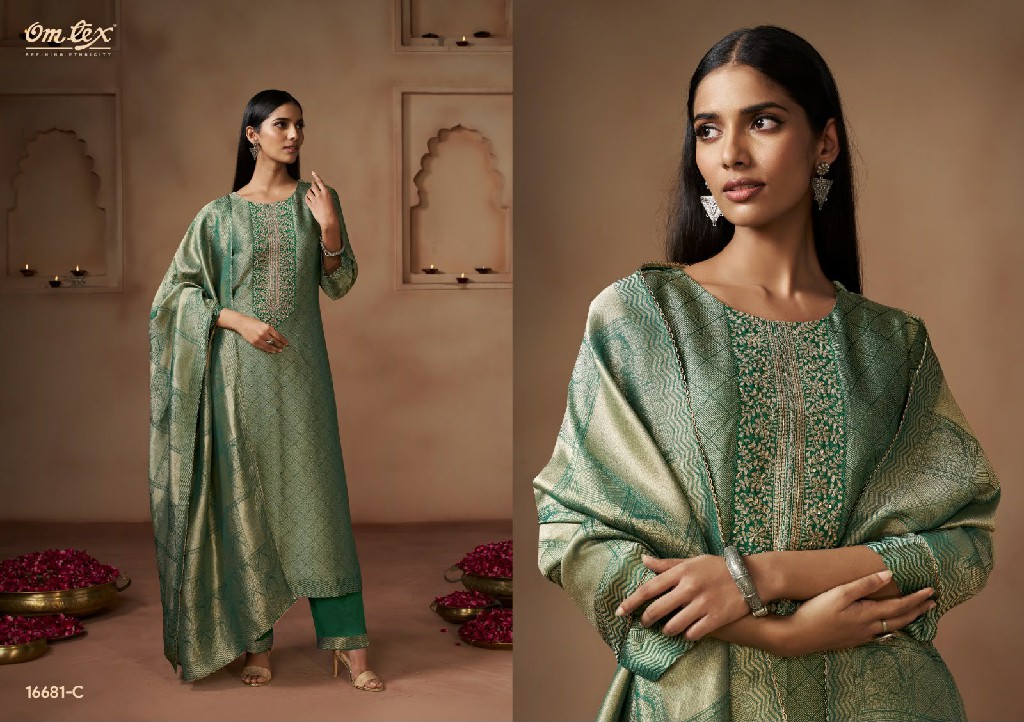 OMTEX NAYIKA WHOLESALE GIRAFFE SILK JACQUARD WITH WORK UNSTITCH SALWAR SUITS FOR EXPORT