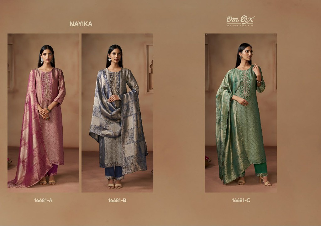 OMTEX NAYIKA WHOLESALE GIRAFFE SILK JACQUARD WITH WORK UNSTITCH SALWAR SUITS FOR EXPORT