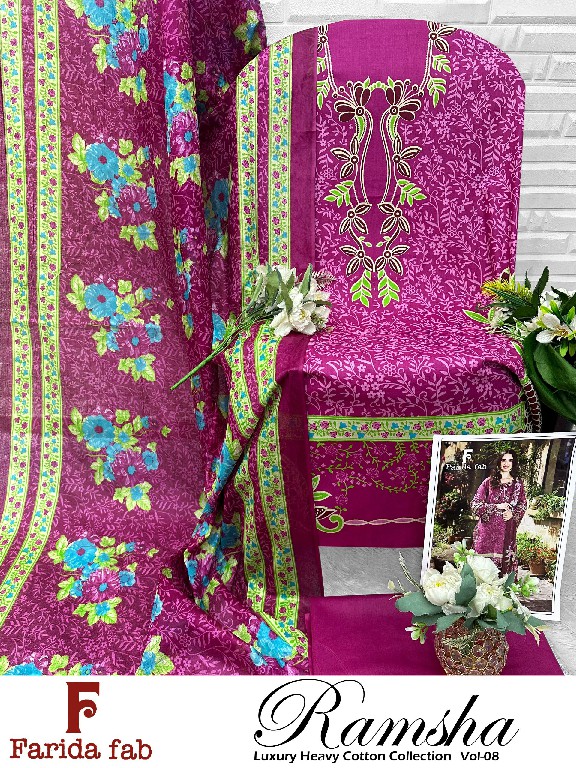 FARIDA FAB RAMSHA VOL 8 WHOLESALE PURE COTTON PRINTED PAKISTANI DAILY WEAR DRESS MATERIAL ONLINE