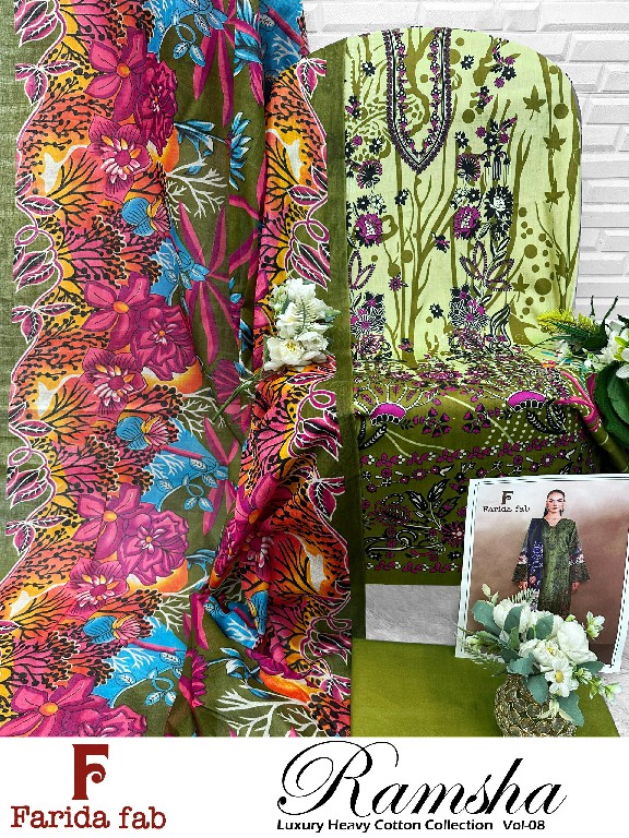 FARIDA FAB RAMSHA VOL 8 WHOLESALE PURE COTTON PRINTED PAKISTANI DAILY WEAR DRESS MATERIAL ONLINE