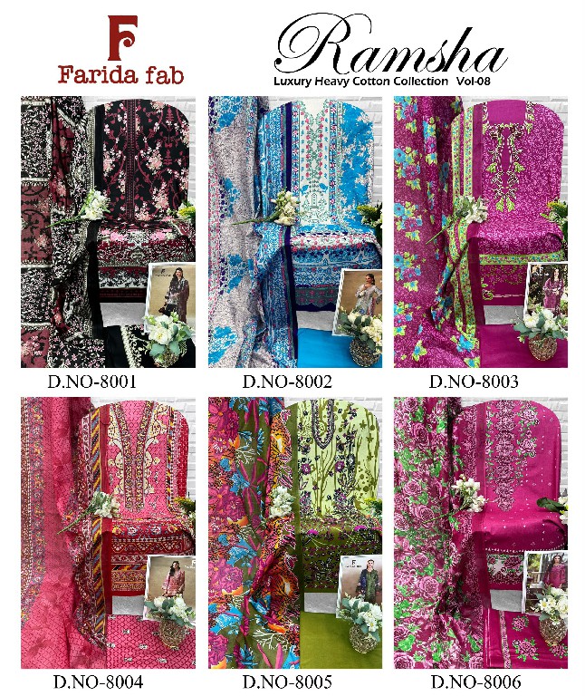 FARIDA FAB RAMSHA VOL 8 WHOLESALE PURE COTTON PRINTED PAKISTANI DAILY WEAR DRESS MATERIAL ONLINE