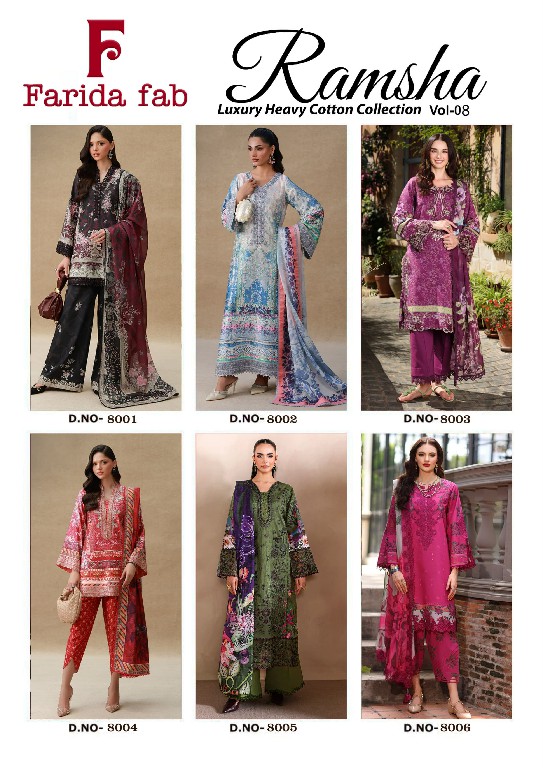 FARIDA FAB RAMSHA VOL 8 WHOLESALE PURE COTTON PRINTED PAKISTANI DAILY WEAR DRESS MATERIAL ONLINE