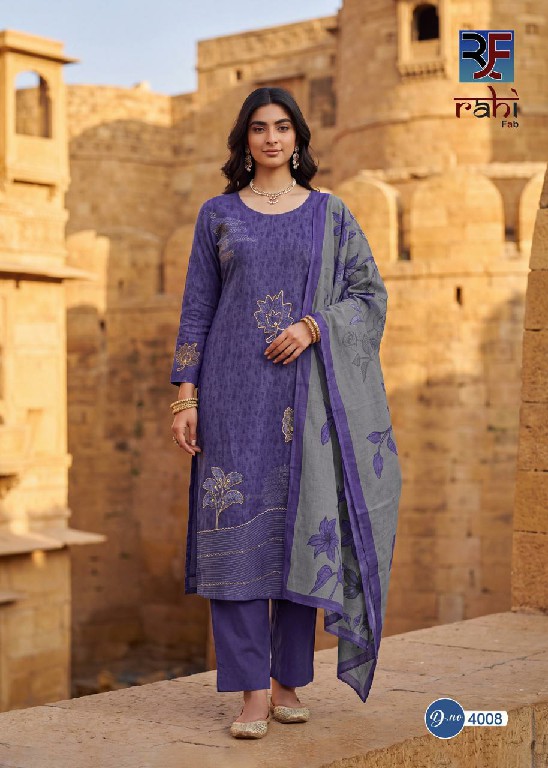 RAHI FAB RISING GOLD VOL 4 WHOLESALE PURE LAWN COTTON BEAUTIFUL HAND WORK UNSTITCH SALWAR SUITS EXPORTER