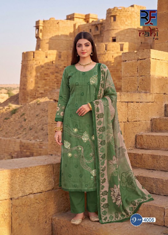 RAHI FAB RISING GOLD VOL 4 WHOLESALE PURE LAWN COTTON BEAUTIFUL HAND WORK UNSTITCH SALWAR SUITS EXPORTER