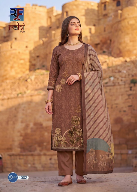 RAHI FAB RISING GOLD VOL 4 WHOLESALE PURE LAWN COTTON BEAUTIFUL HAND WORK UNSTITCH SALWAR SUITS EXPORTER
