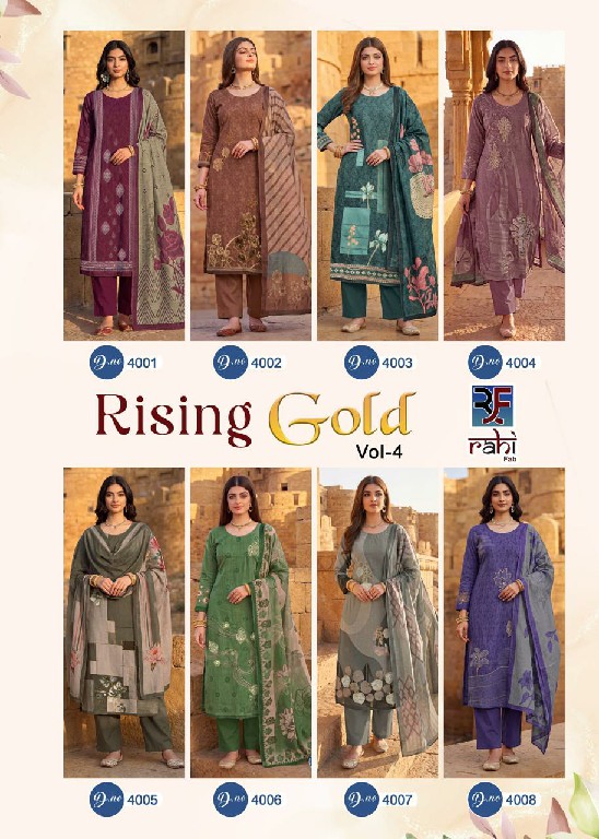 RAHI FAB RISING GOLD VOL 4 WHOLESALE PURE LAWN COTTON BEAUTIFUL HAND WORK UNSTITCH SALWAR SUITS EXPORTER