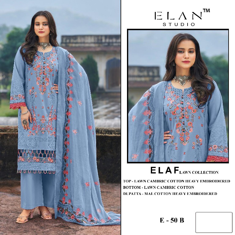 ELAN STUDIO D.NO E-50 WHOLESALE CAMBRIC LAWN HEAVY EMBROIDERED UNSTITCH SALWAR SUITS EXPORTER