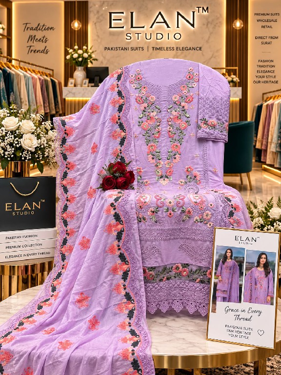 ELAN STUDIO D.NO E-50 WHOLESALE CAMBRIC LAWN HEAVY EMBROIDERED UNSTITCH SALWAR SUITS EXPORTER