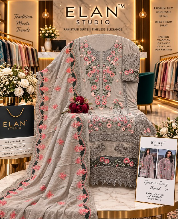 ELAN STUDIO D.NO E-50 WHOLESALE CAMBRIC LAWN HEAVY EMBROIDERED UNSTITCH SALWAR SUITS EXPORTER