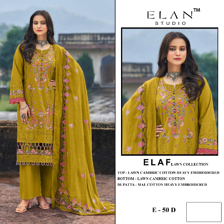 ELAN STUDIO D.NO E-50 WHOLESALE CAMBRIC LAWN HEAVY EMBROIDERED UNSTITCH SALWAR SUITS EXPORTER