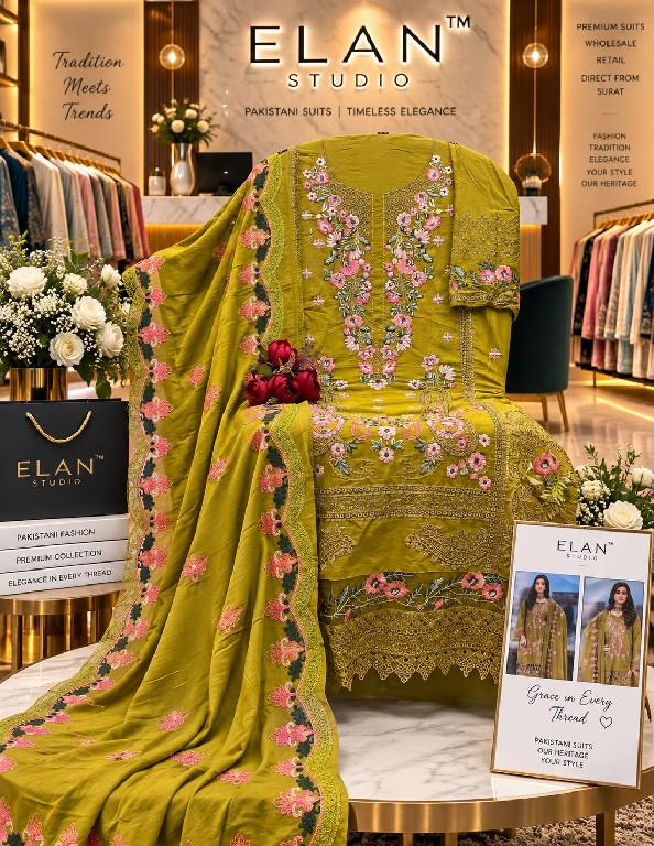 ELAN STUDIO D.NO E-50 WHOLESALE CAMBRIC LAWN HEAVY EMBROIDERED UNSTITCH SALWAR SUITS EXPORTER