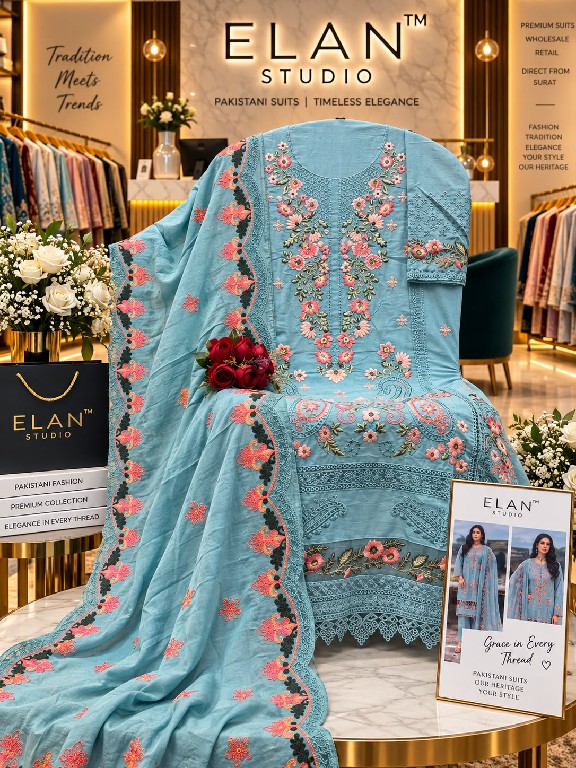 ELAN STUDIO D.NO E-50 WHOLESALE CAMBRIC LAWN HEAVY EMBROIDERED UNSTITCH SALWAR SUITS EXPORTER
