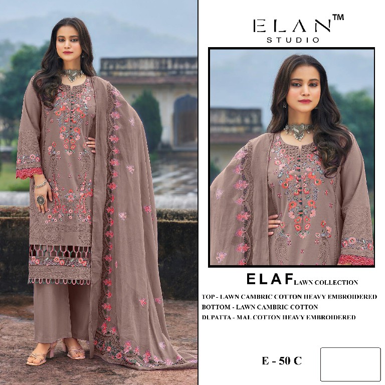 ELAN STUDIO D.NO E-50 WHOLESALE CAMBRIC LAWN HEAVY EMBROIDERED UNSTITCH SALWAR SUITS EXPORTER