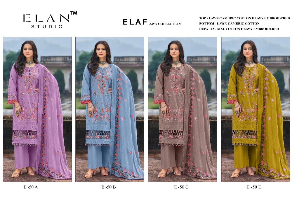 ELAN STUDIO D.NO E-50 WHOLESALE CAMBRIC LAWN HEAVY EMBROIDERED UNSTITCH SALWAR SUITS EXPORTER