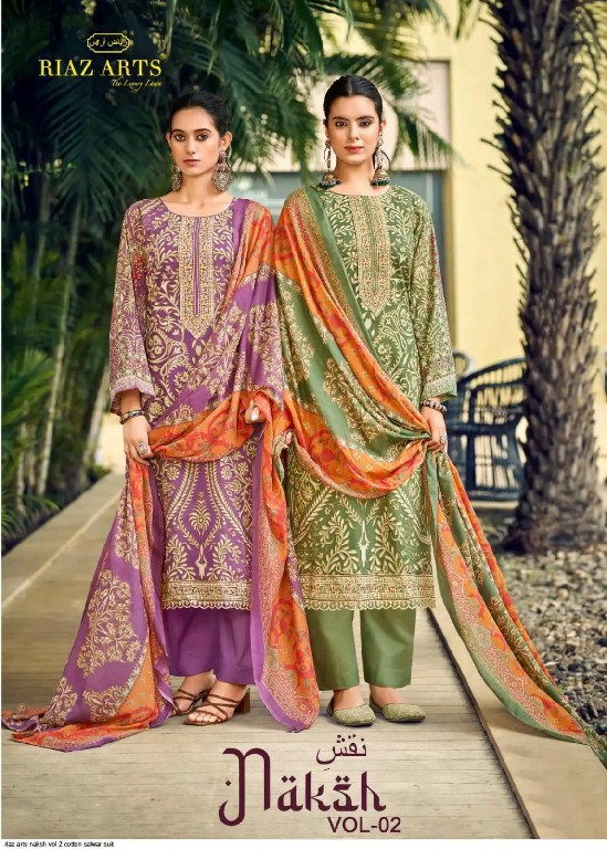 RIAZ ARTS NAKSH VOL 2 WHOLESALE COTTON CAMBRIC EXCLUSIVE DESIGN UNSTITCH SALWAR SUITS SUPPLIER