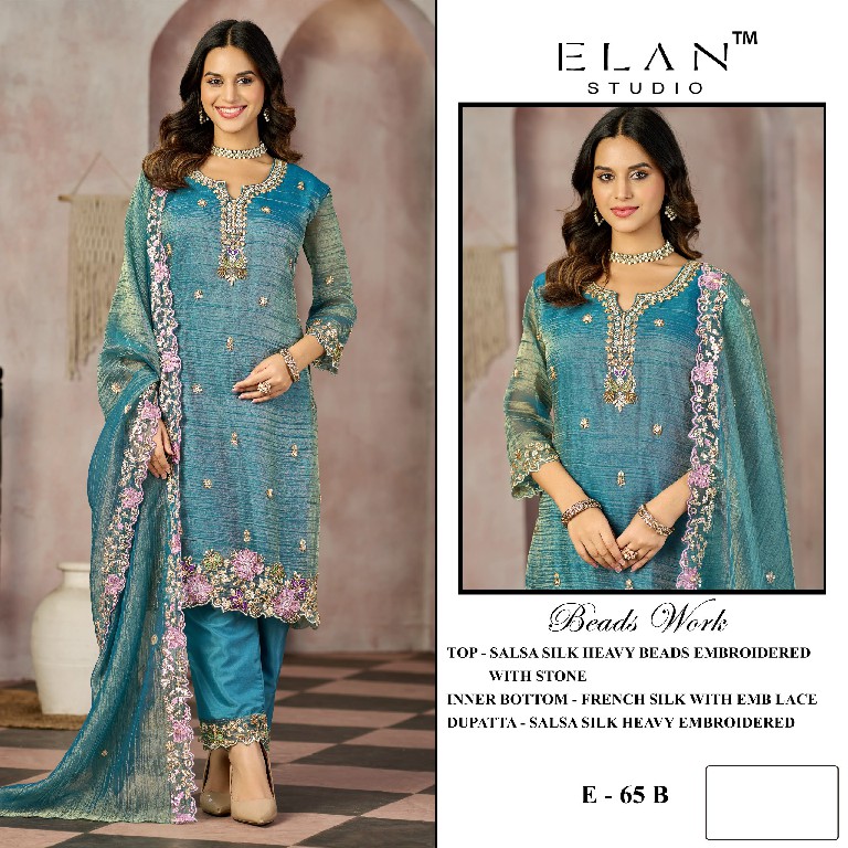 ELAN STUDIO D.NO E-65 WHOLESALE SALSA HEAVY BEADS WORK ELEGANT UNSTITCH SALWAR SUITS EXPORTER