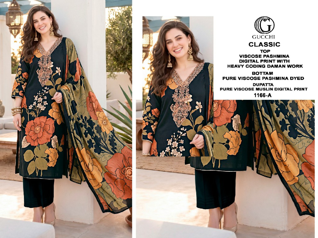 GUCCHI CLASSIC D.NO 1166 WHOLESALE VISCOSE PASHMINA WINTER CASUAL WEAR UNSTITCH SALWAR SUITS SUPPLIER