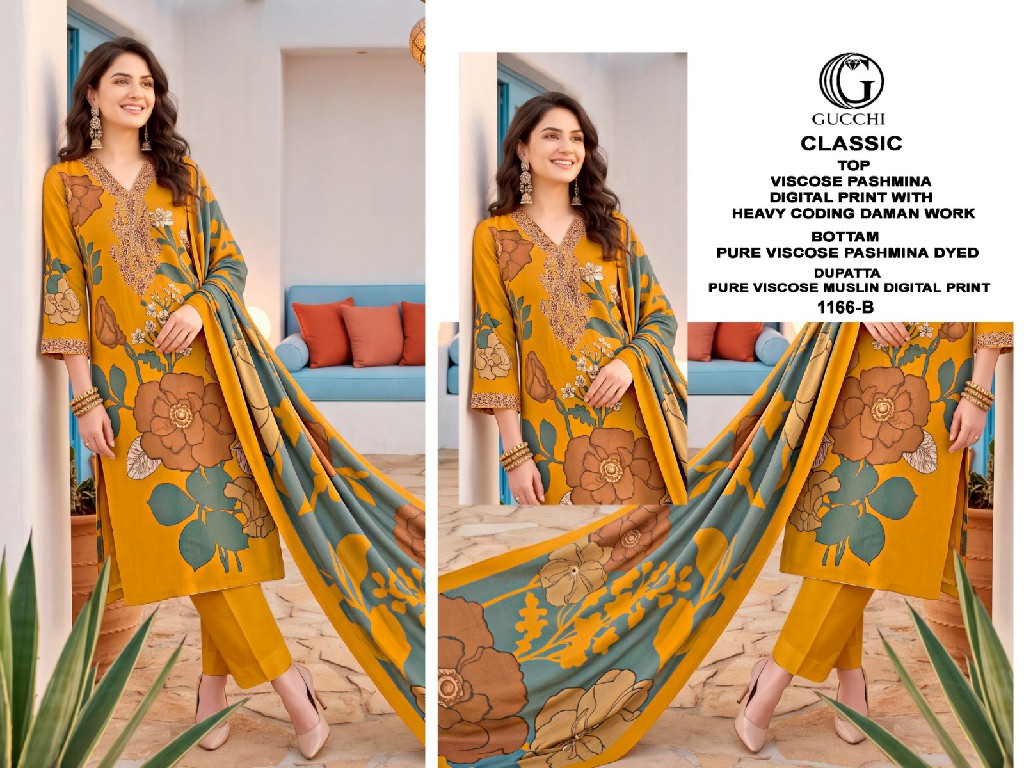 GUCCHI CLASSIC D.NO 1166 WHOLESALE VISCOSE PASHMINA WINTER CASUAL WEAR UNSTITCH SALWAR SUITS SUPPLIER