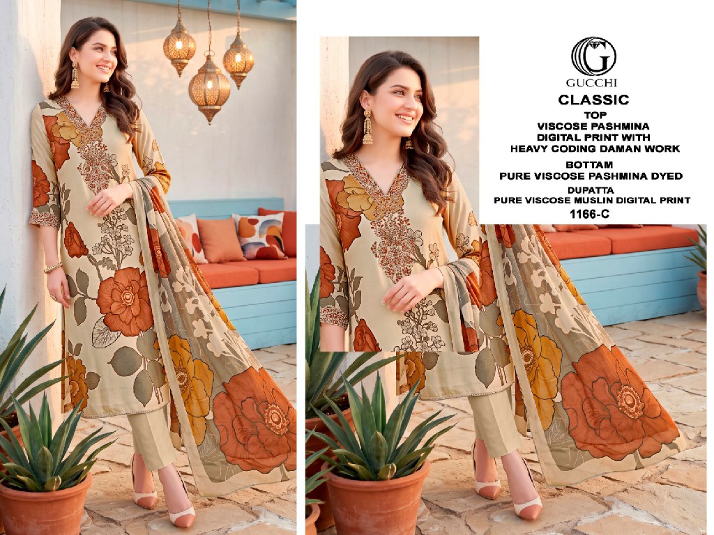 GUCCHI CLASSIC D.NO 1166 WHOLESALE VISCOSE PASHMINA WINTER CASUAL WEAR UNSTITCH SALWAR SUITS SUPPLIER
