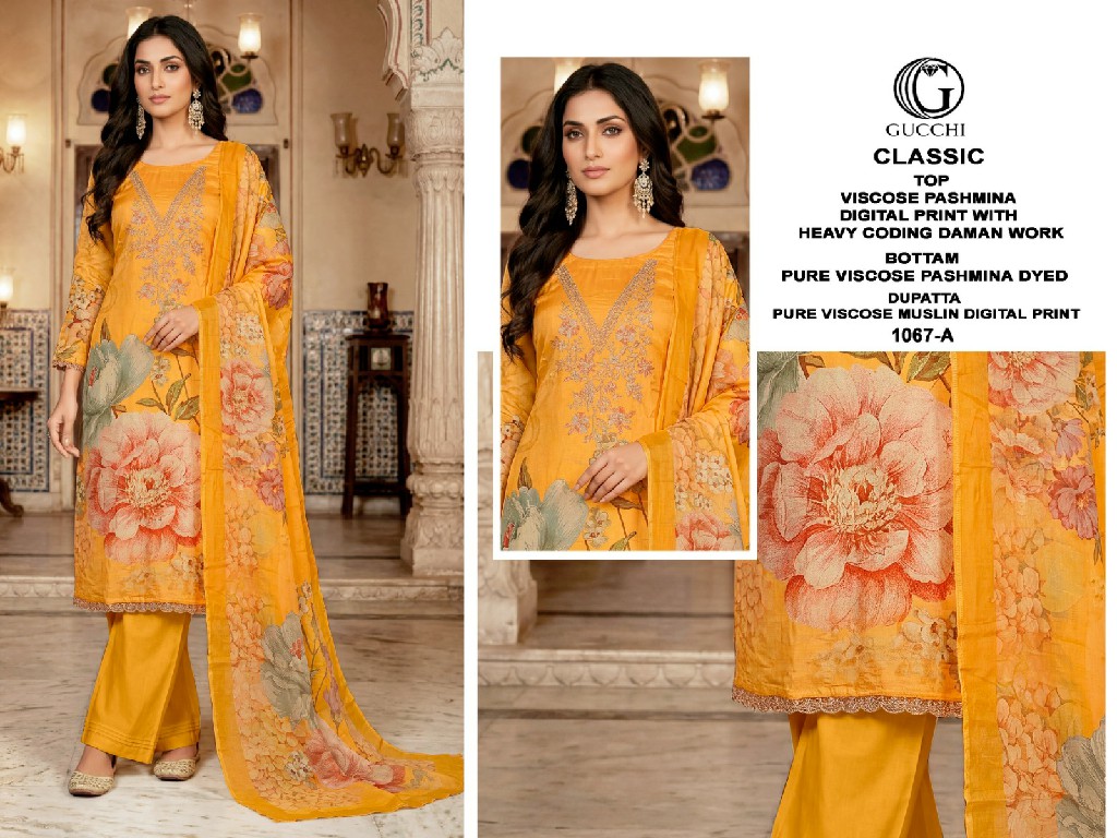 GUCCHI CLASSIC D.NO 1067 WHOLESALE VISCOSE PASHMINA WINTER DAILY WEAR UNSTITCH SALWAR SUITS ONLINE