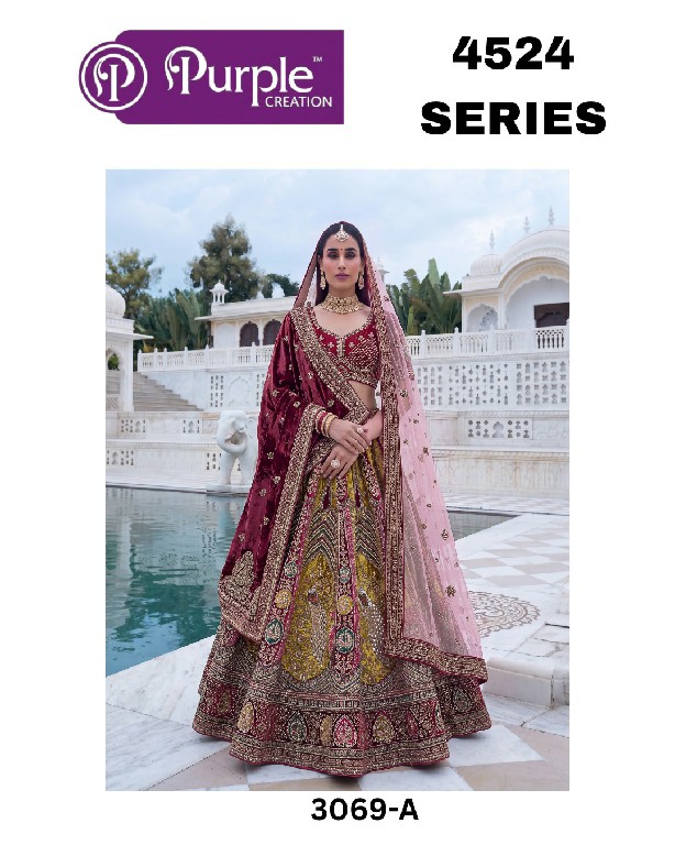 PURPLE CREATION 4524 SERIES D.NO 3069 WHOLESALE VELVET BRIDAL LEHENGA CHOLI EXPORTER