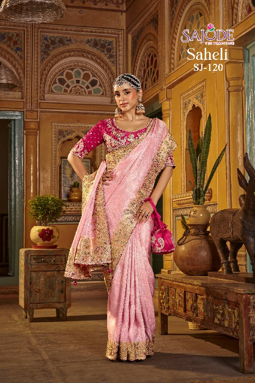 SAJODE SAHELI SILK WHOLESALE PURE VISCOSE HEAVY WORK PARTY WEAR SAREES FOR WOMEN EXPORTER