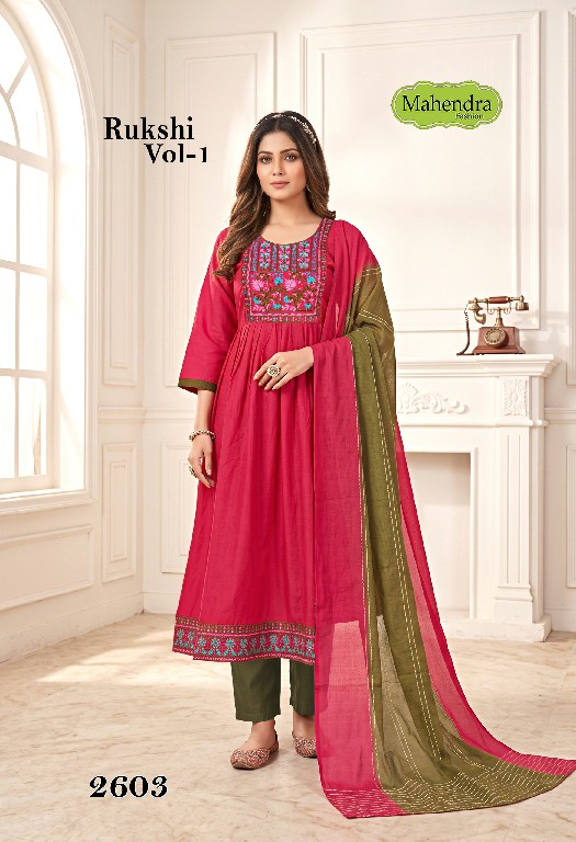 MAHENDRA FASHION RUKSHI VOL 1 WHOLESALE READYMADE VATICAN DAMAN AND NECK WORK UMBRELLA CUT 3 PCS SUITS EXPORTER