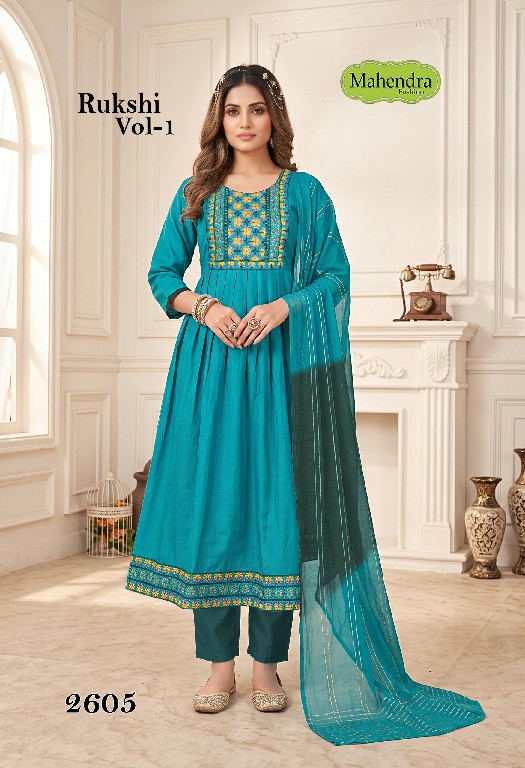 MAHENDRA FASHION RUKSHI VOL 1 WHOLESALE READYMADE VATICAN DAMAN AND NECK WORK UMBRELLA CUT 3 PCS SUITS EXPORTER
