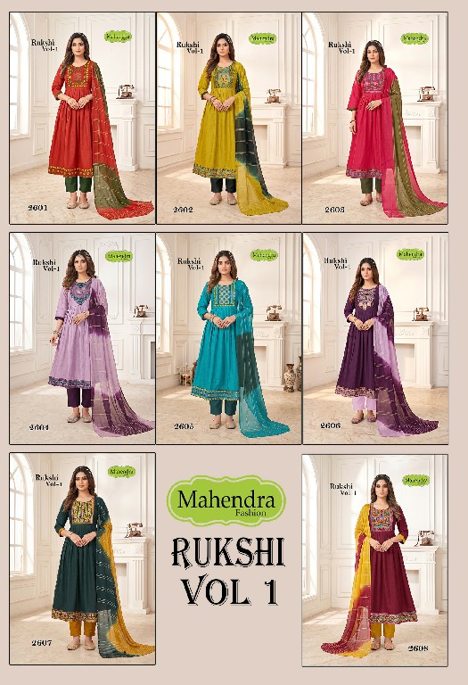 MAHENDRA FASHION RUKSHI VOL 1 WHOLESALE READYMADE VATICAN DAMAN AND NECK WORK UMBRELLA CUT 3 PCS SUITS EXPORTER