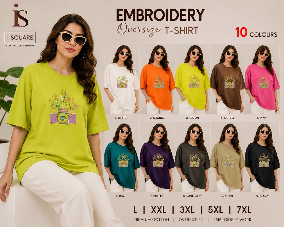 I SQUARE PRESENT READYMADE TENCIL OVERSIZE FANCY EMBROIDERY T SHIRT FOR WOMEN SUPPLIER