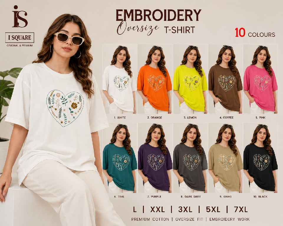 I SQUARE PRESENT READYMADE TENCIL OVERSIZE FANCY EMBROIDERY T SHIRT FOR WOMEN SUPPLIER