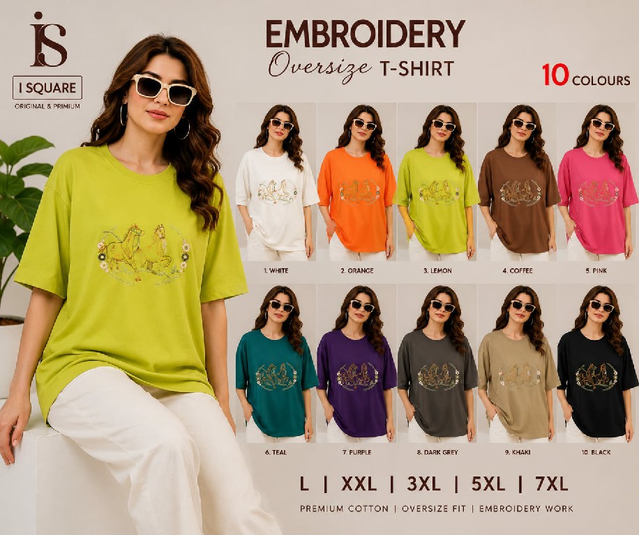 I SQUARE PRESENT READYMADE TENCIL OVERSIZE FANCY EMBROIDERY T SHIRT FOR WOMEN SUPPLIER