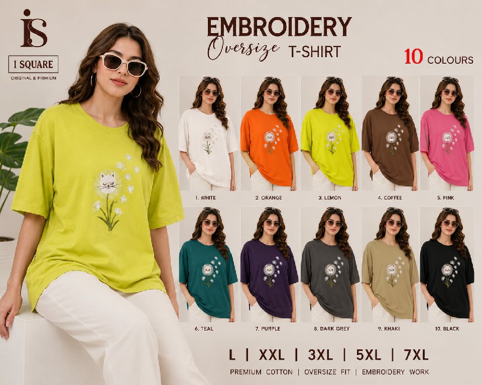 I SQUARE PRESENT READYMADE TENCIL OVERSIZE FANCY EMBROIDERY T SHIRT FOR WOMEN SUPPLIER