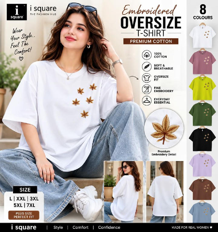 I SQUARE PRESENT READYMADE TENCIL OVERSIZE FANCY EMBROIDERY T SHIRT FOR WOMEN SUPPLIER