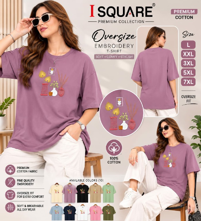 I SQUARE PRESENT READYMADE TENCIL OVERSIZE FANCY EMBROIDERY T SHIRT FOR WOMEN SUPPLIER