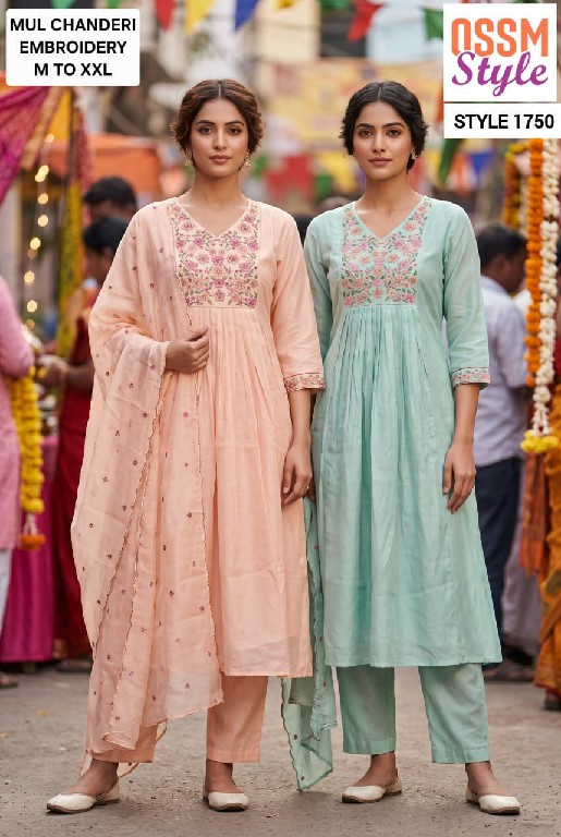 OSSM STYLE D.NO 1691-1692-1694 TO 1697-1747 TO 1750 WHOLESALE READYMADE MUL CHANDERI FANCY WORK 3 PCS COMBO SET SUITS EXPORTER