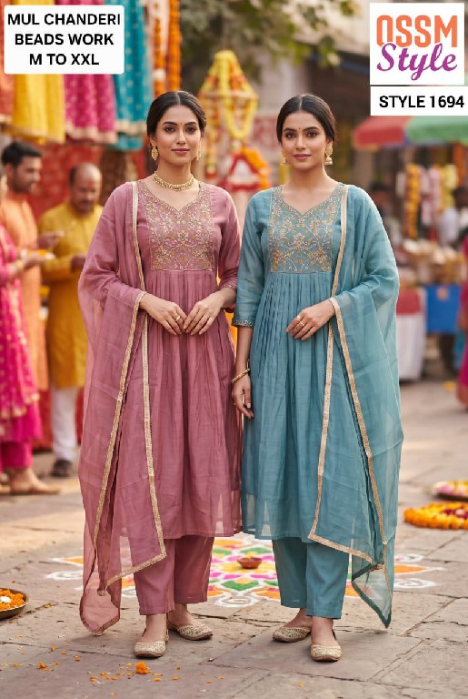 OSSM STYLE D.NO 1691-1692-1694 TO 1697-1747 TO 1750 WHOLESALE READYMADE MUL CHANDERI FANCY WORK 3 PCS COMBO SET SUITS EXPORTER